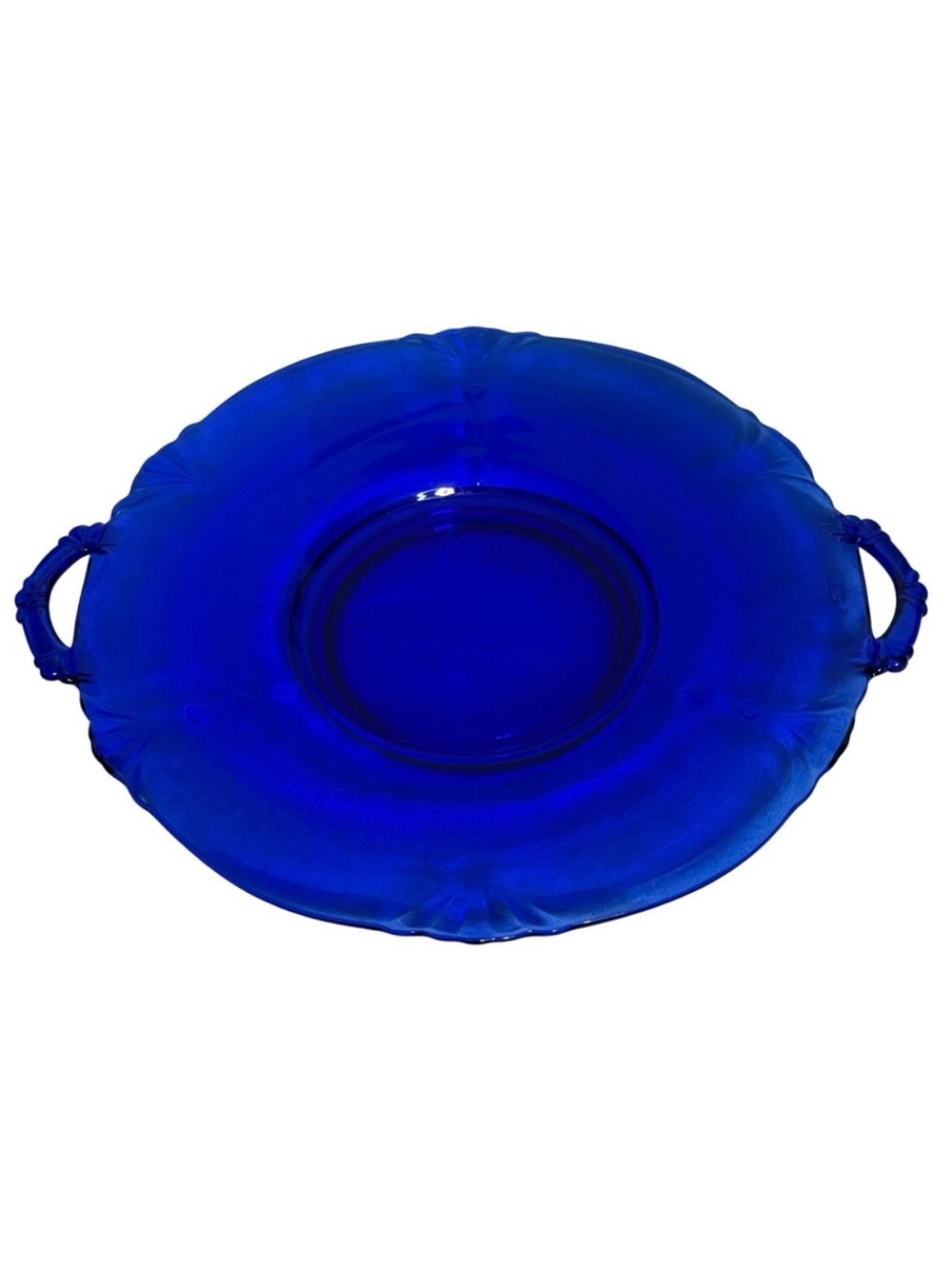 Cobalt Blue Glass Scalloped Decorated Serving Tray Plate Double Handles Vintage